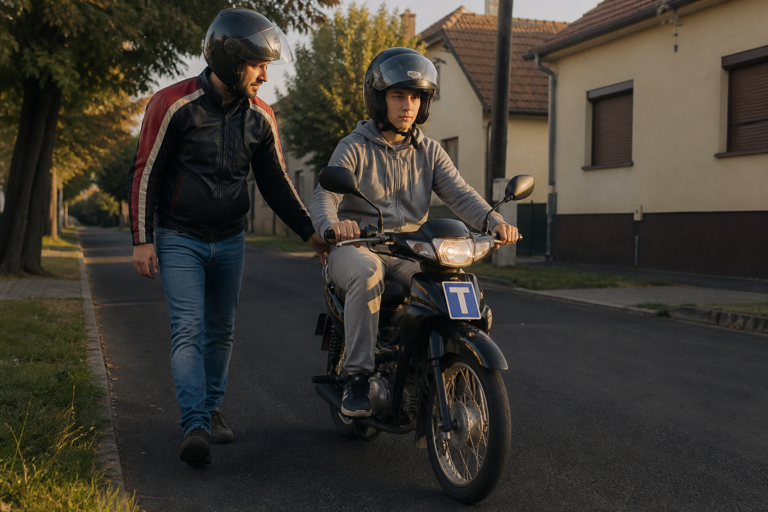 Fiatal motoros tanuló oktatóval egy lakóutcában